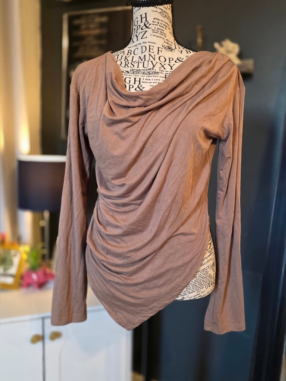 Draped Long-Sleeve Tee in Taupe